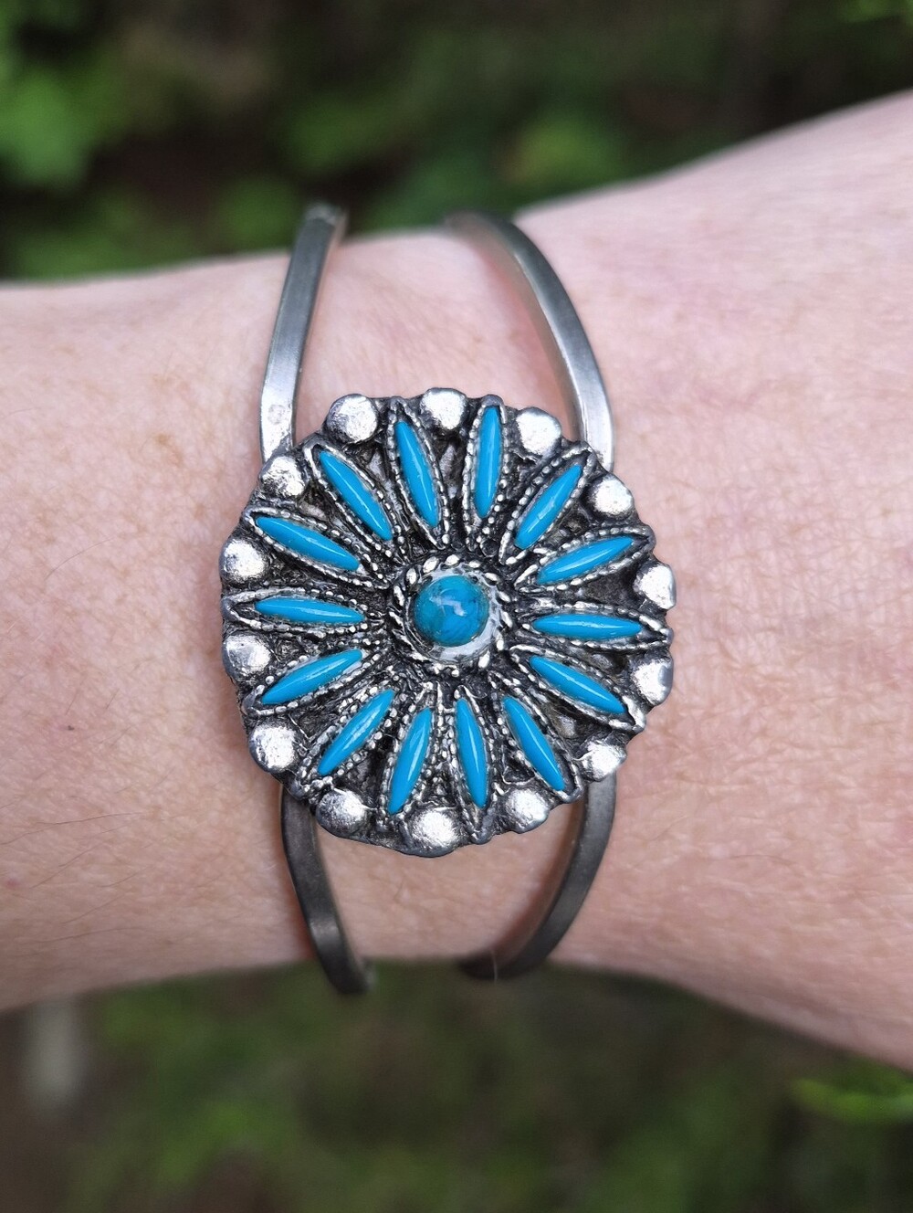 Faux Turquoise Petite Point Silver Tone Clamper Bracelet Southwestern Boho